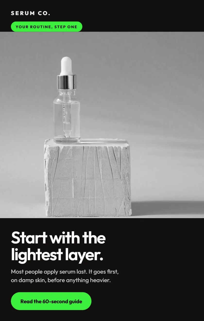 Concept welcome email for a skincare brand shown on a phone