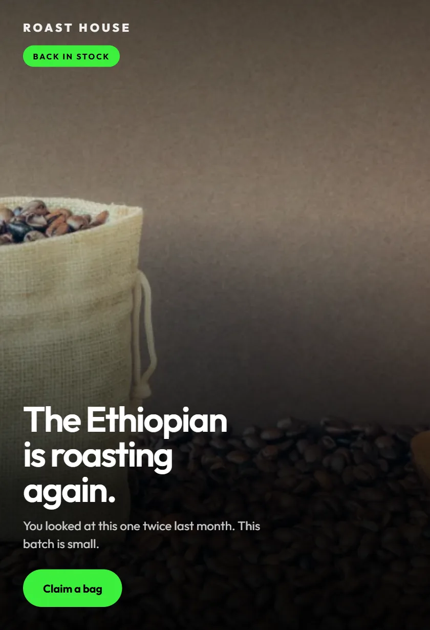 Concept back-in-stock email for a coffee roastery shown on a phone