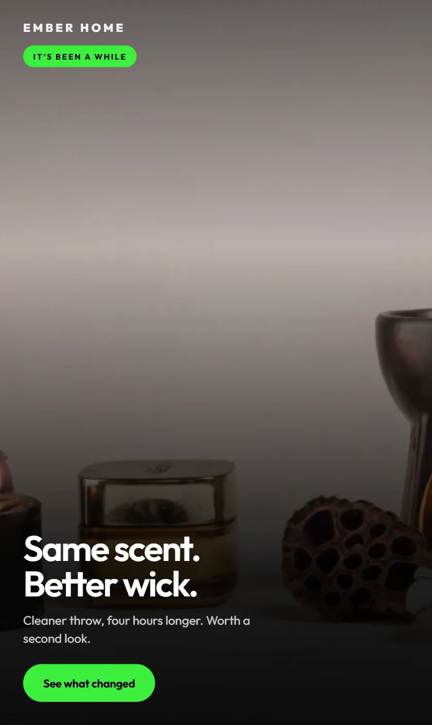 Concept winback email for a home fragrance brand explaining a product reformulation